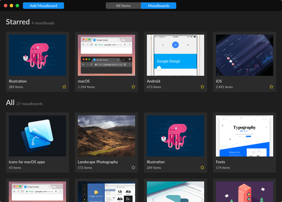 Collectie on macOS: starred moodboards for illustration, macOS, Android and iOS, each a grid of collected reference images
