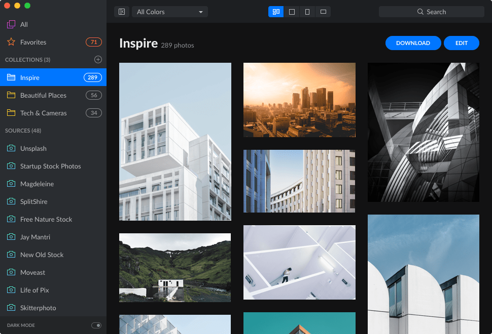 Zoommy on macOS: a grid of free stock photos with collections and 48 photo sources in the sidebar