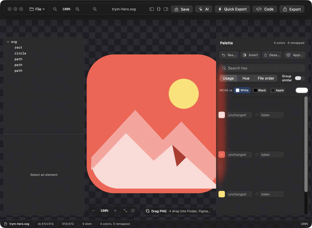 Trym 2.0 on macOS: an SVG icon open on the canvas with its color palette listed in the inspector, ready to remap